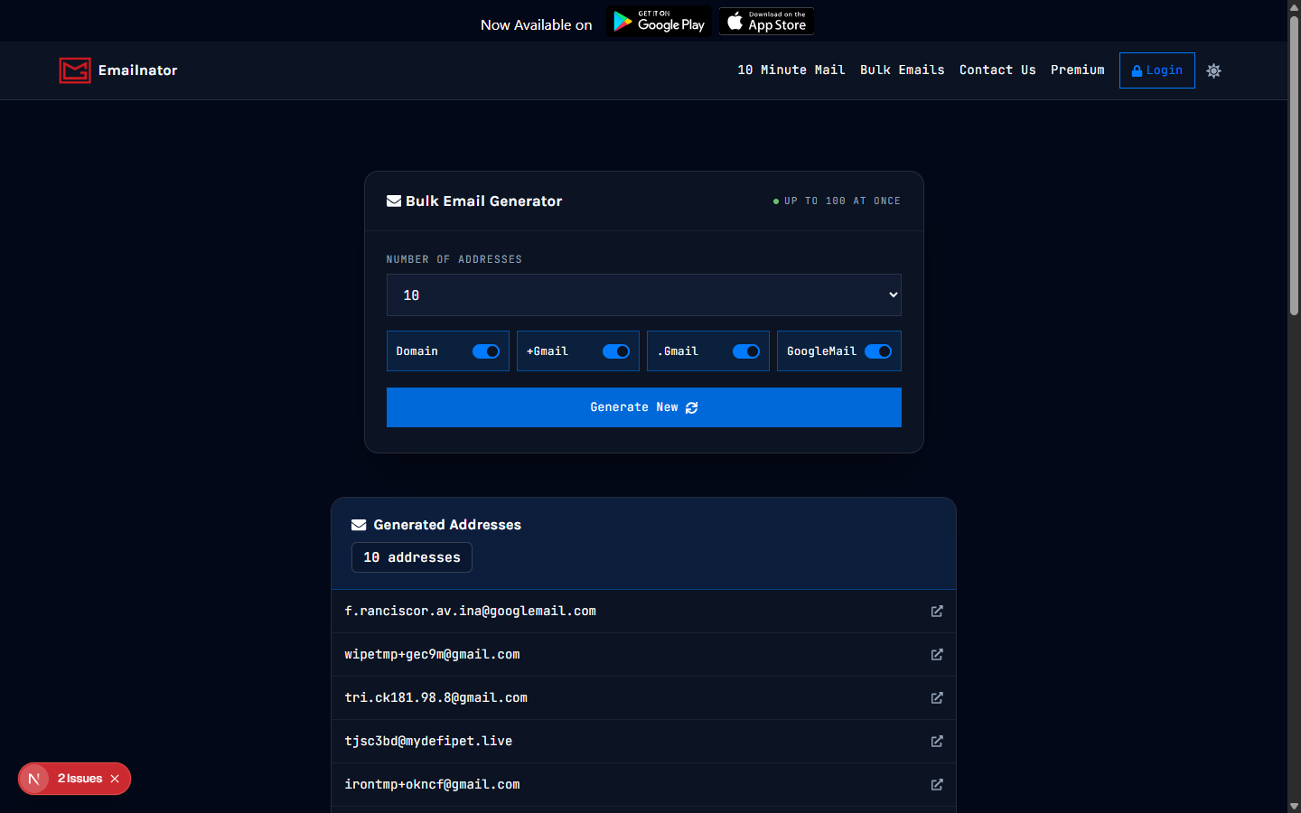 A generated list of bulk Gmail addresses on the Bulk Emails page