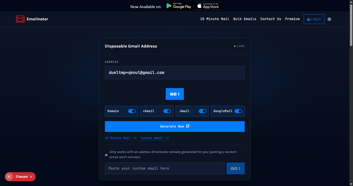 The Custom email panel for reopening a previously generated address