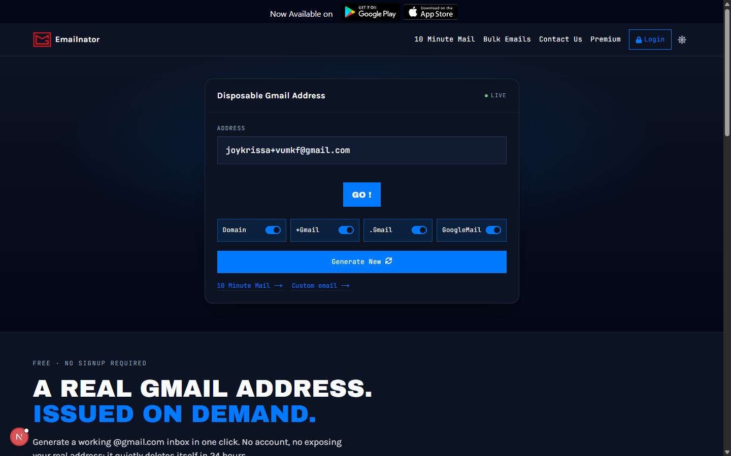 The Gmailnator generator with an address ready to use