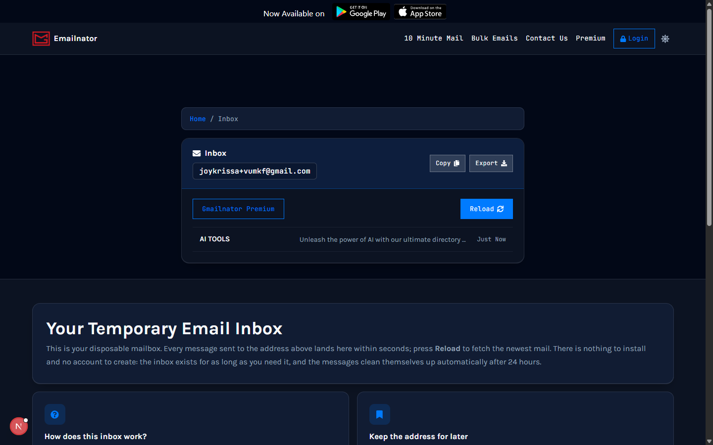 The Gmailnator inbox with the Copy and Export buttons